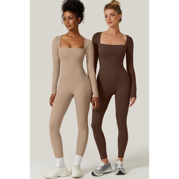 Women Cococa Cream Sexy Square Neck Long Sleeve Full Length Leggings Bodycon - Picture 6 of 7